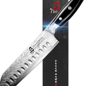 TUO Cutlery Japanese Chef Santoku Knife, Black Hawk-S Series, 7 inch